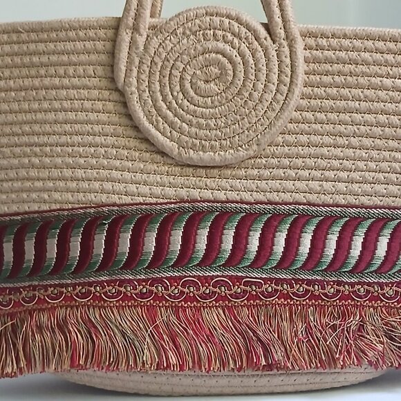 Soft Natural Rope Satchel Tote Bag Rich Circular Handle Embroidery & Fringe - Picture 2 of 9